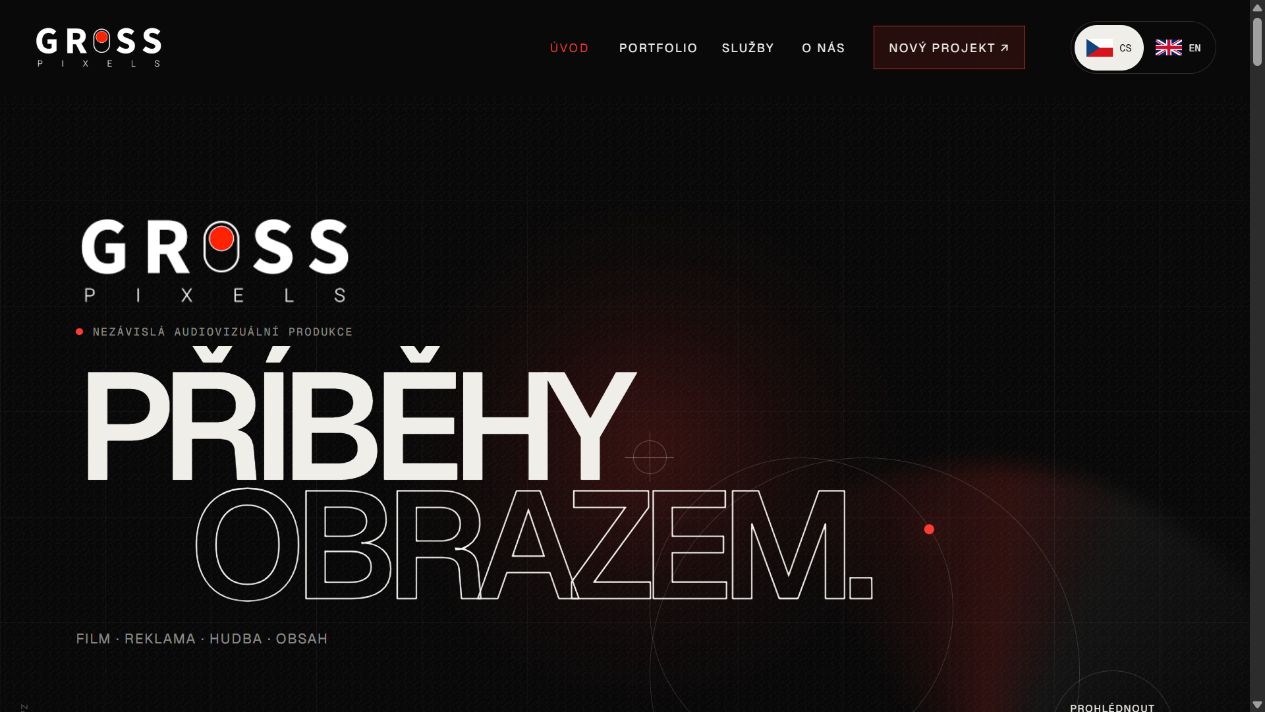 Skutečná ukázka webu Gross Pixels s titulkem Příběhy obrazem
