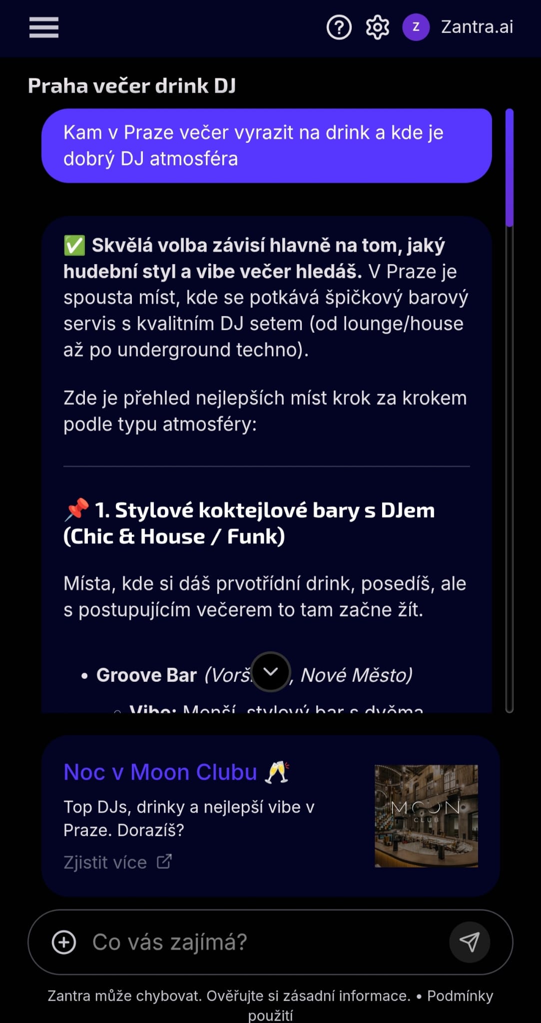 Reklamní karta Moon Clubu pod odpovědí Zantry v mobilním rozhraní